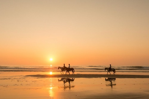 Pessoas andando à cavalo a beira mar com o por do sol ao fundo