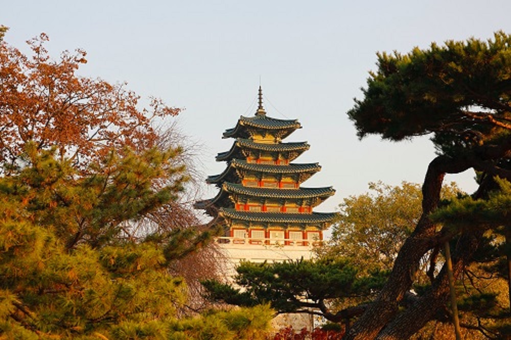 Templo de 5 andares com arquitetura coreana entre árvores.