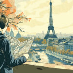 Um viajante olhando um mapa à frente enquanto a torre eiffel e um quarteirão francês se estende ao fundo - imagem gerada por inteligência artificial (MidJourney)