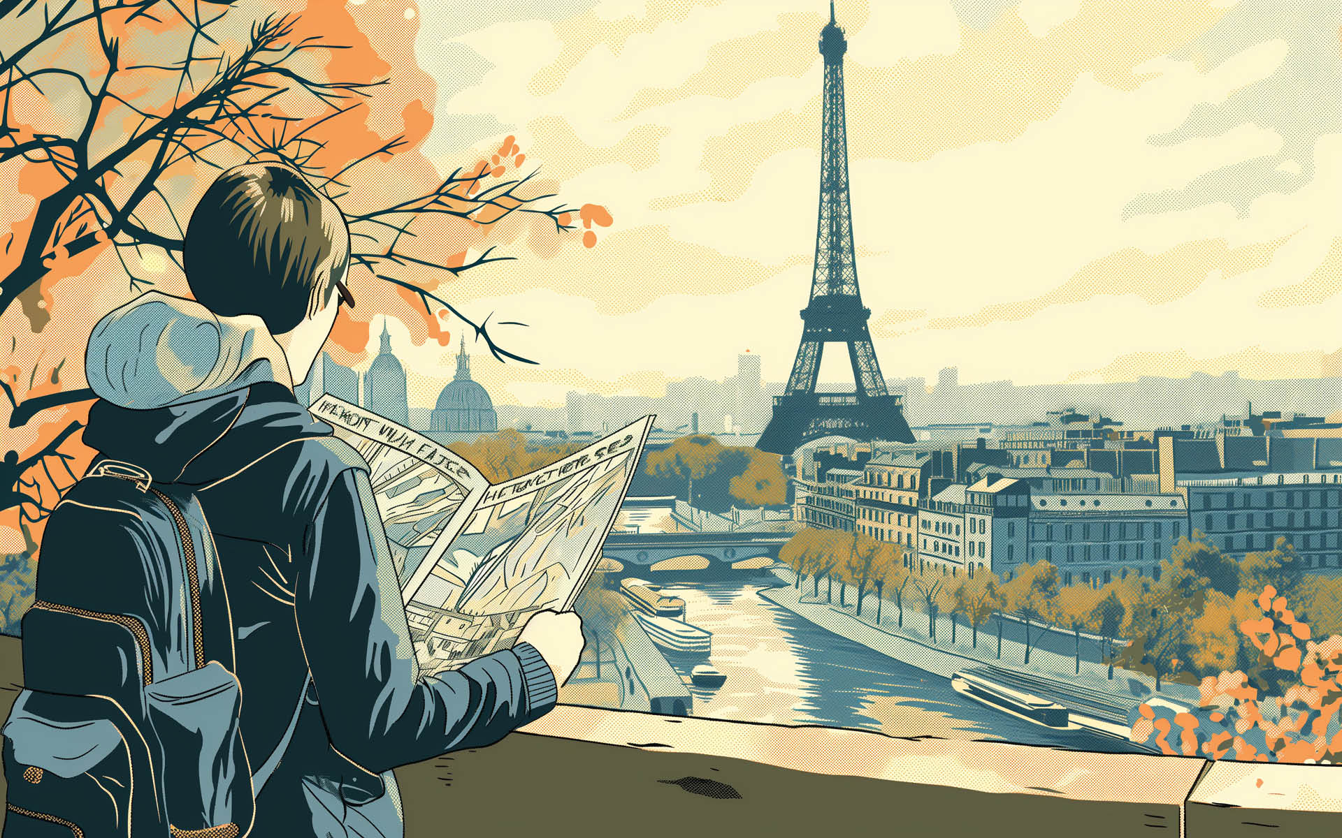 Um viajante olhando um mapa à frente enquanto a torre eiffel e um quarteirão francês se estende ao fundo - imagem gerada por inteligência artificial (MidJourney)