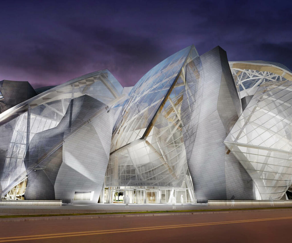 Fundação Louis Vuitton, em Paris. Fachada do prédio, projetado por  Frank Gehry Courtesy of L'Observatoire 
