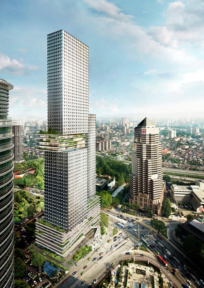 Visão aérea de um enorme edifício no centro movimentado da cidade. Landmark tower, edifício icônico da arquitetura de Kualua Lumpur - Malásia - projetado por Buro Ole Scheeren