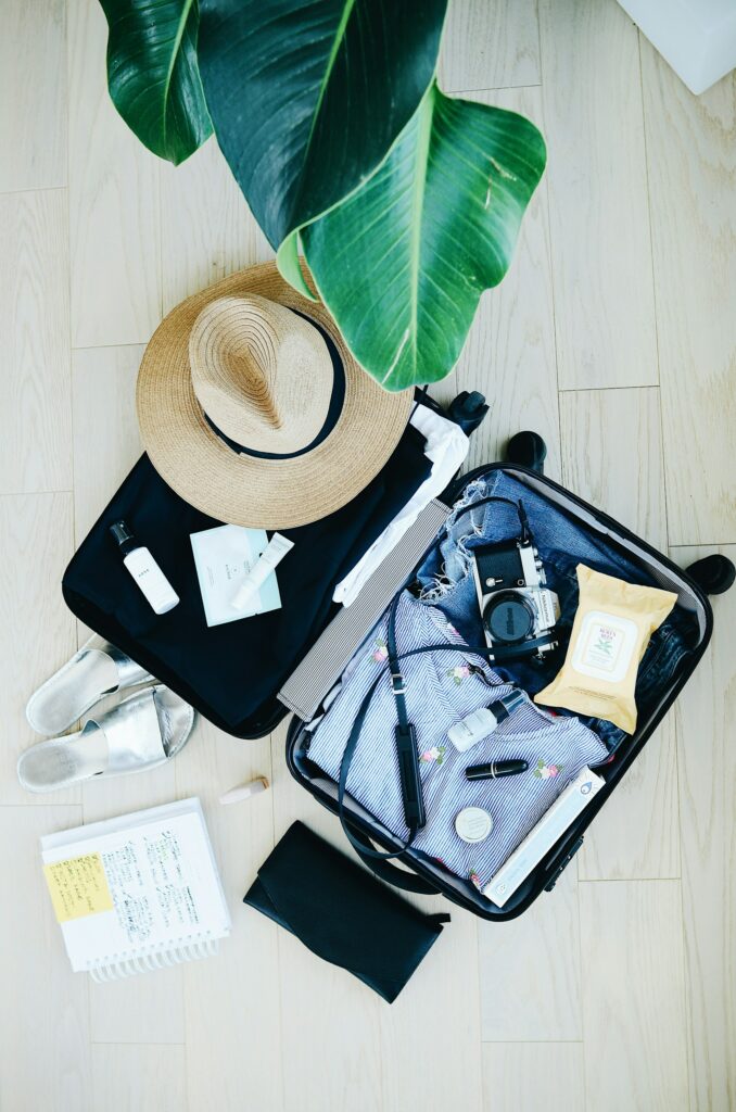 Suitcase aberta com chapéu de palha e plantas em decoração de interiores moderna brasileira