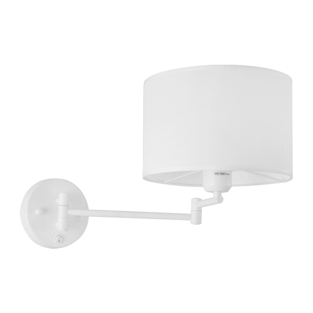 A imagem apresenta uma arandela de parede com um design moderno e minimalista. A arandela possui uma base e braço de metal branco, suportando uma cúpula de tecido branco. A cúpula é cilíndrica e tem uma aparência suave e elegante. A arandela está fixada a uma parede branca, destacando-se por seu design simples e funcional.