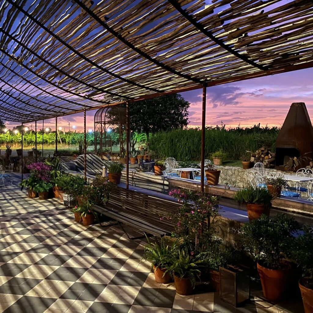 viagem para Uruguai, Carmelo resort & Spa. Pergolado com cobertura de bambu em um resort ao pôr do sol, apresentando azulejos xadrez preto e branco no chão. Várias plantas em vasos decoram a área, com flores coloridas e folhagem verde. Ao fundo, há uma área com grama alta e árvores, e um céu pintado em tons de rosa e laranja. A cena transmite uma atmosfera tranquila e sofisticada, ideal para relaxamento e apreciação da natureza.
