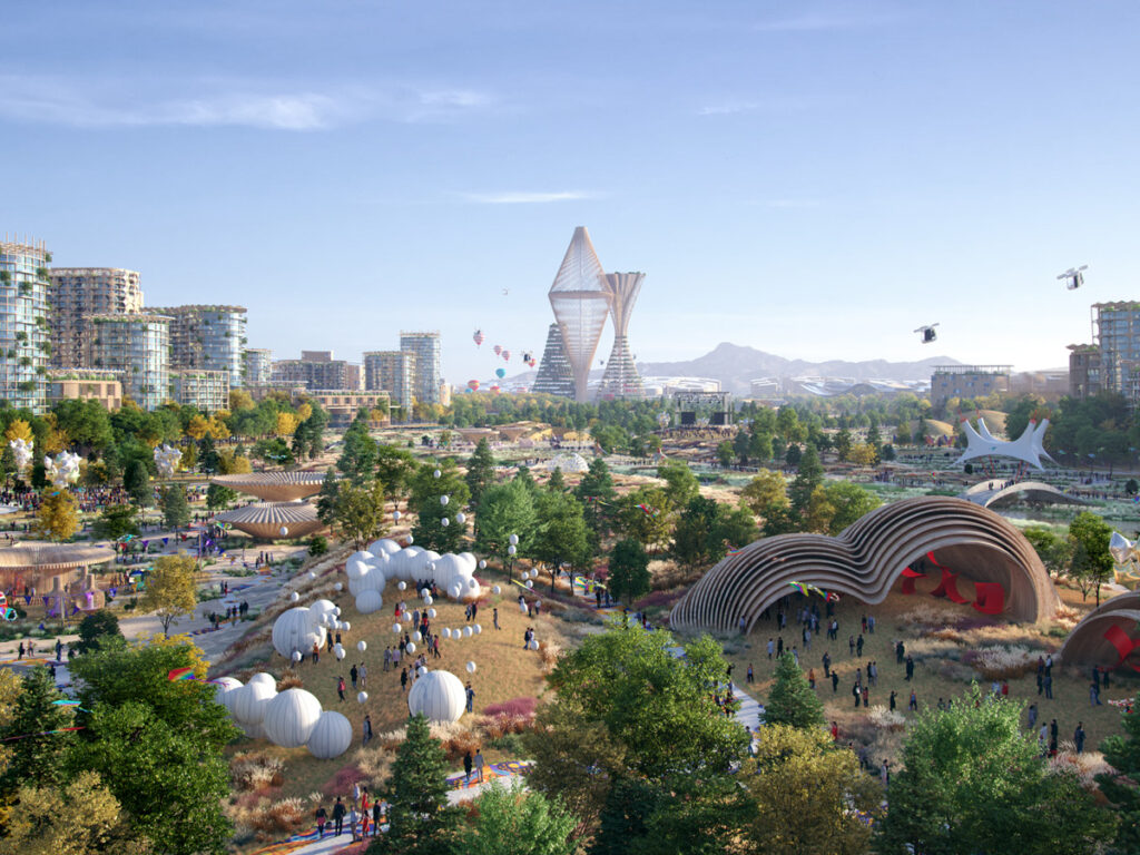 A imagem apresenta uma ilustração 3D da cidade futurista Telosa, projetada pela Bjarke Ingels Group. A paisagem urbana inclui edifícios modernos com formas únicas, áreas verdes extensas e estruturas arquitetônicas inovadoras. Pessoas são vistas caminhando e interagindo em espaços públicos, com balões e drones adicionando um toque de modernidade.