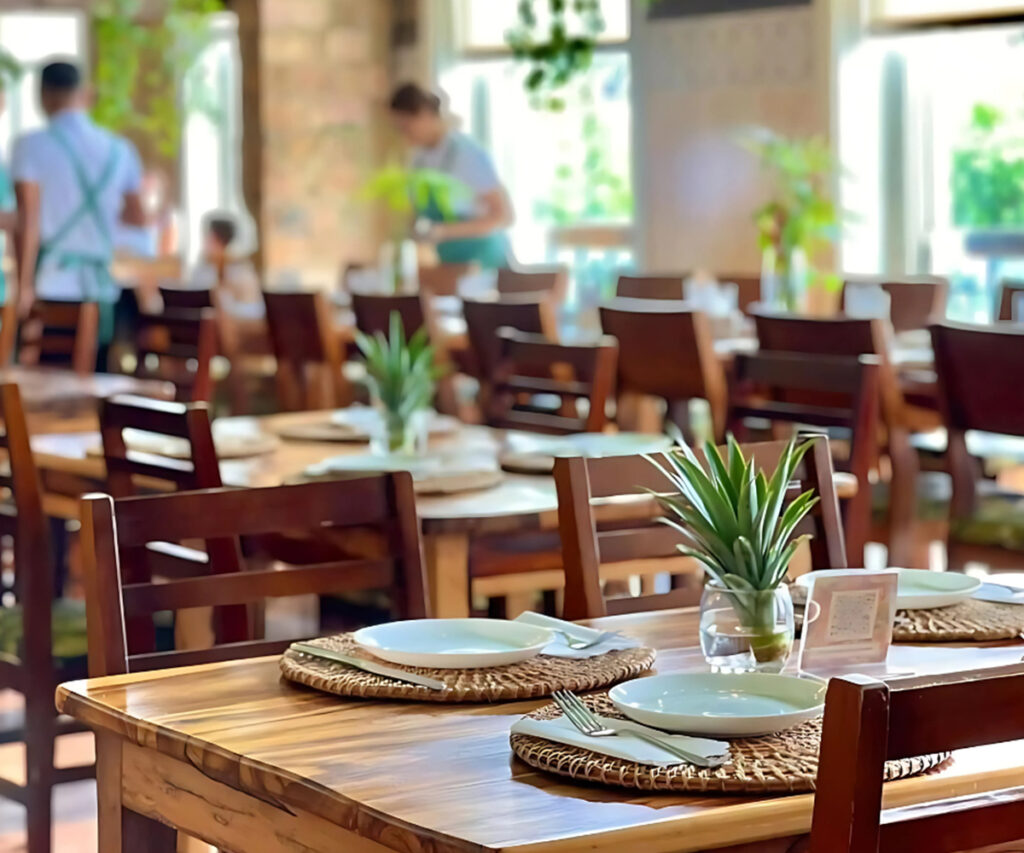 A imagem mostra o interior do restaurante Caxiri, caracterizado por um salão amplo e bem iluminado. As mesas são feitas de madeira e adornadas com jogos de pratos, talheres e pequenos vasos de plantas. As cadeiras combinam com o estilo rústico das mesas. O ambiente é decorado com elementos naturais, como plantas e iluminação natural, criando uma atmosfera acolhedora e convidativa.