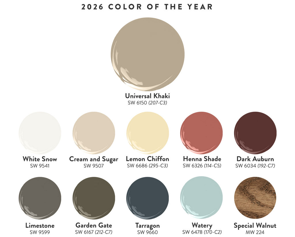 Paleta de cores 2026 com Universal Khaki, branco, bege, marrom e tons neutros em decoração de interiores moderna