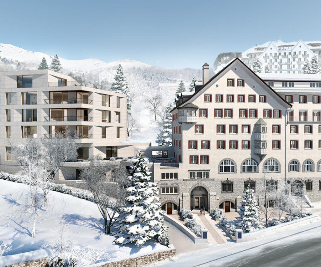 St. Moritz: paisagem de inverno com edifícios modernos e tradicionais cobertos de neve.