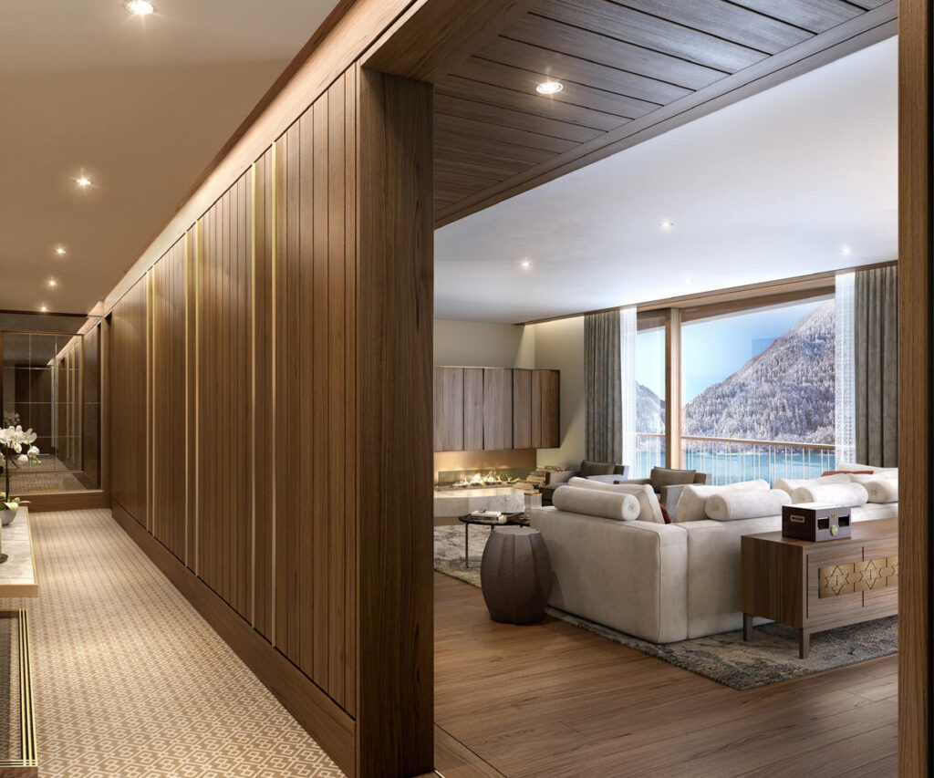 Sala de estar moderna no Grace La Margna St Moritz com vista para o lago