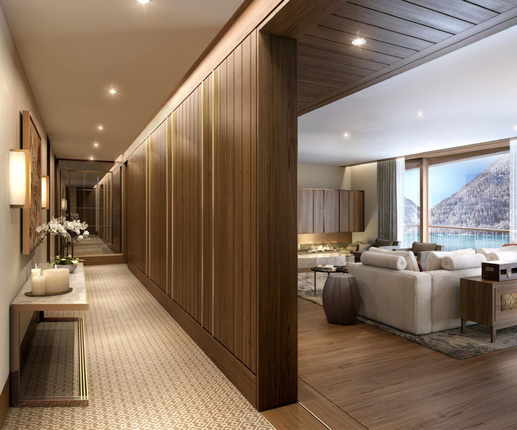 Sofisticada suíte de hotel em St. Moritz com decoração moderna e vista panorâmica dos Alpes