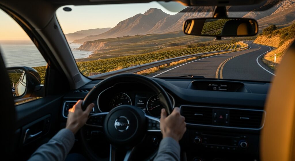 Aluguel de carro para viagem com vista deslumbrante de estrada e montanhas