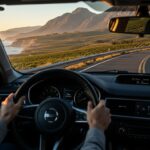 Aluguel de carro para viagem com vista deslumbrante de estrada e montanhas