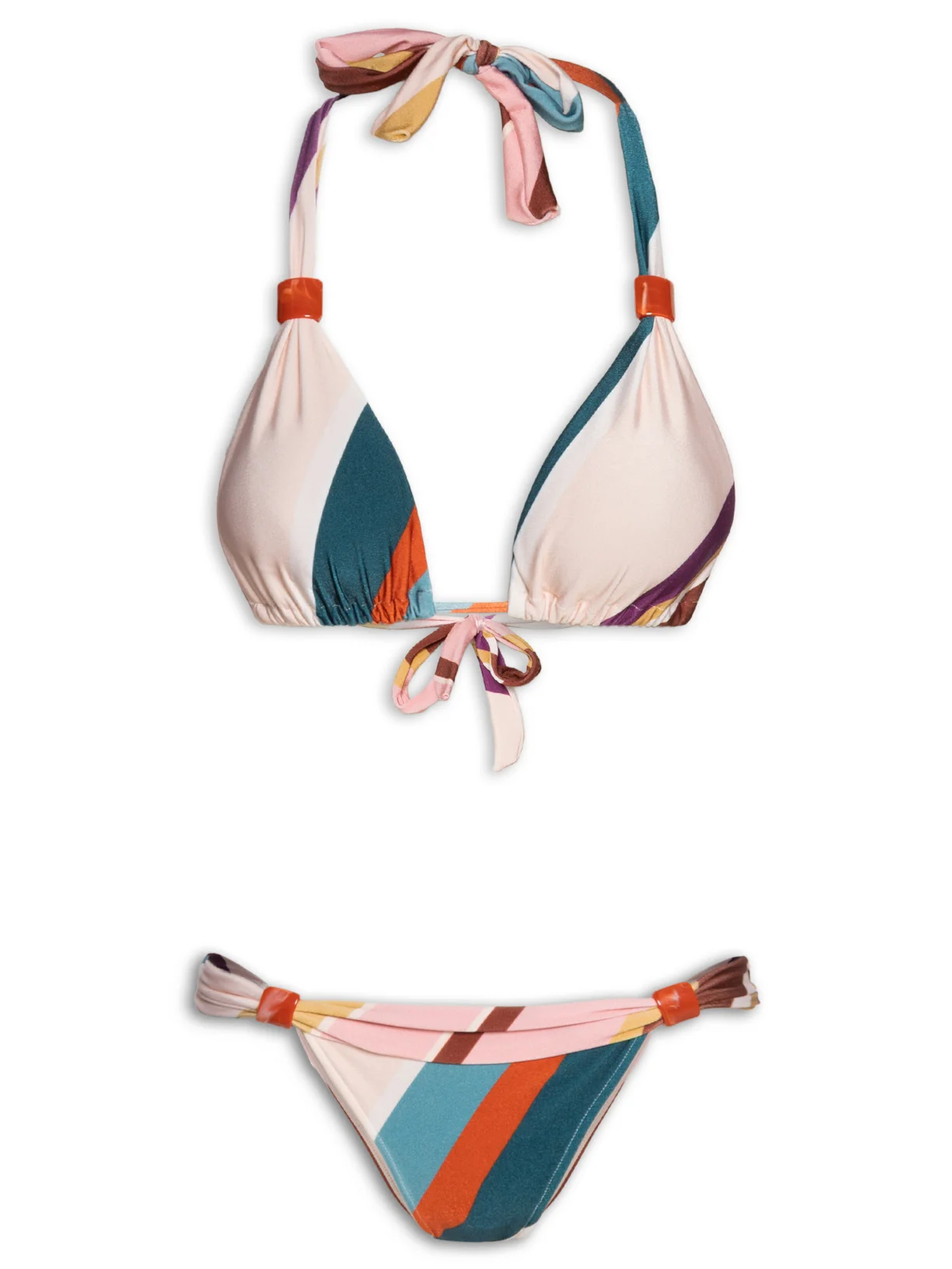 Biquíni listrado multicolorido essencial para mala no nordeste com argolas resinadas e design geométrico da Adriana Degreas