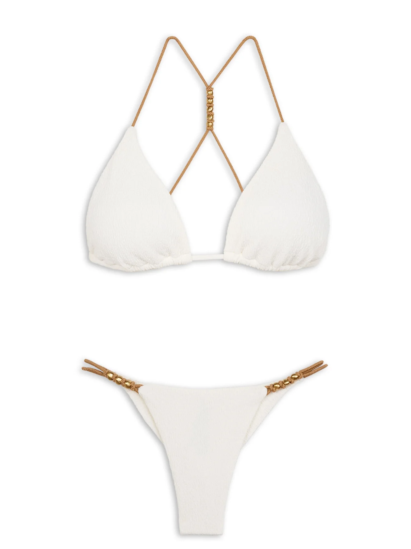 Biquíni branco off-white para mala no nordeste com aviamentos dourados e alças reguláveis, modelo cortininha da Vix Swimwear