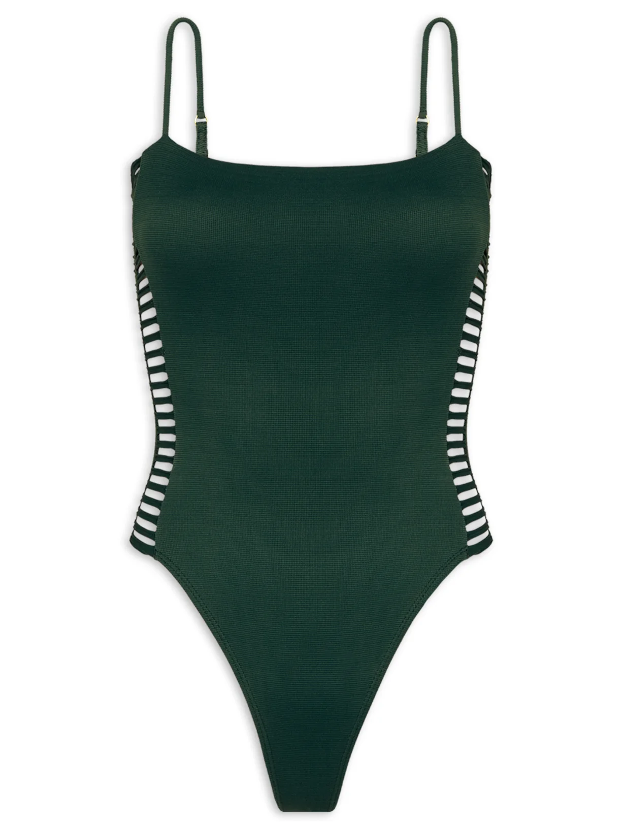 Maiô verde-esmeralda com recortes laterais para mala no nordeste, modelo esportivo com alças reguláveis da Vix Swimwear