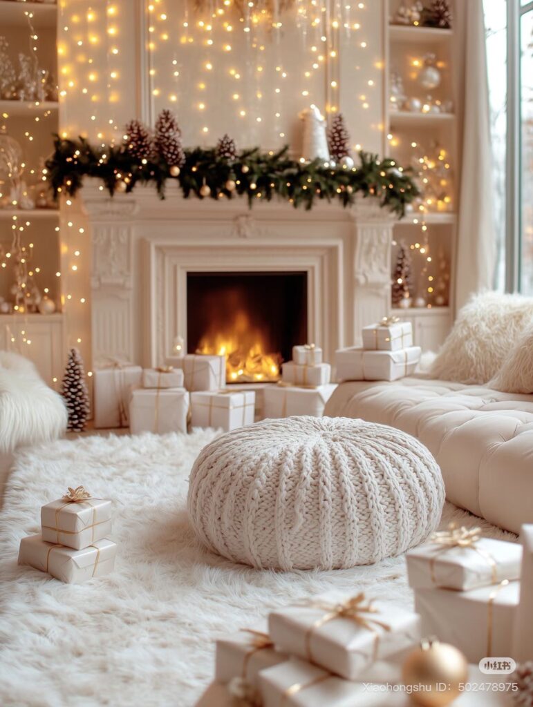 Estilo de natal brasileiro com decoração clean e iluminada, sala com lareira e luzes brancas.