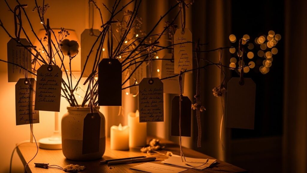 Decoração de ano novo em sala de estar moderna com iluminação suave e velas