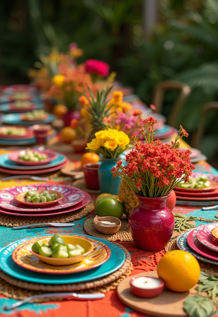 decoração de mesa para ano novo com flores coloridas e frutas em ambiente externo