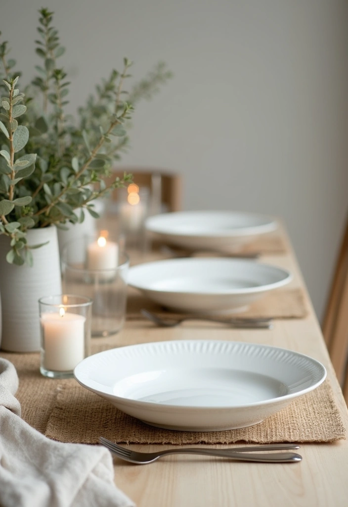 decoração de mesa para ano novo com pratos brancos e velas