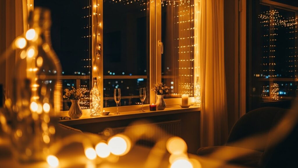 Decoração de ano novo com luzes de Natal em janela iluminada