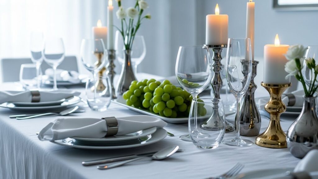 Decoração de ano novo com mesa posta elegante e velas acesas