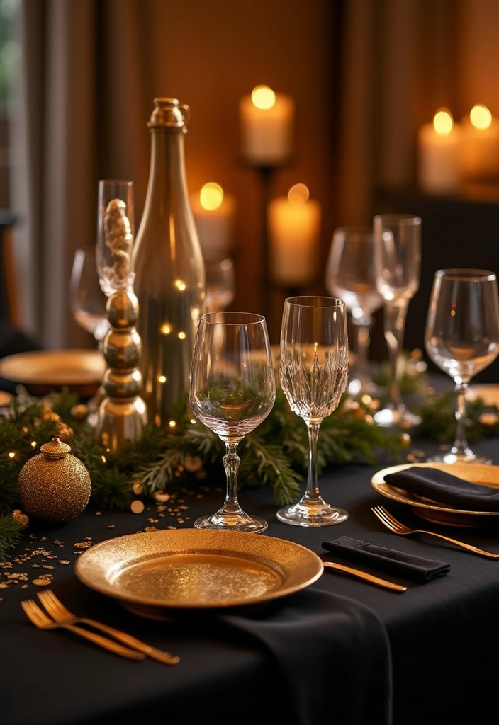 decoração de mesa para ano novo com elementos festivos e iluminados