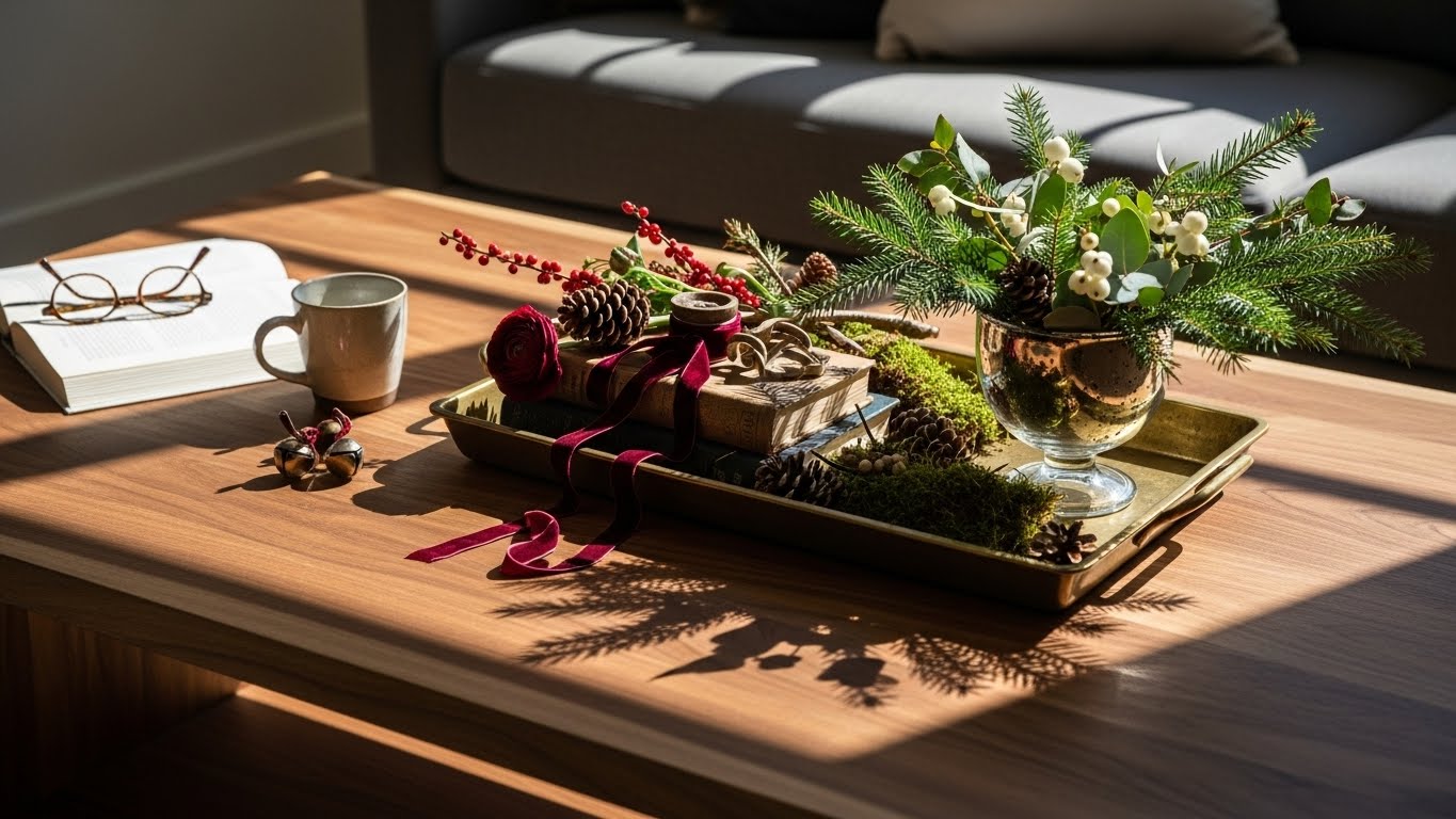 Decoração de Natal para sala de estar com mesa de centro de madeira e enfeites festivos