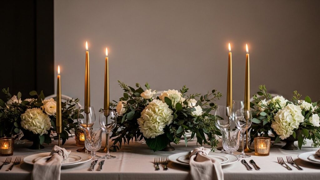 decoração de mesa para ano novo com velas altas e arranjos florais elegantes
