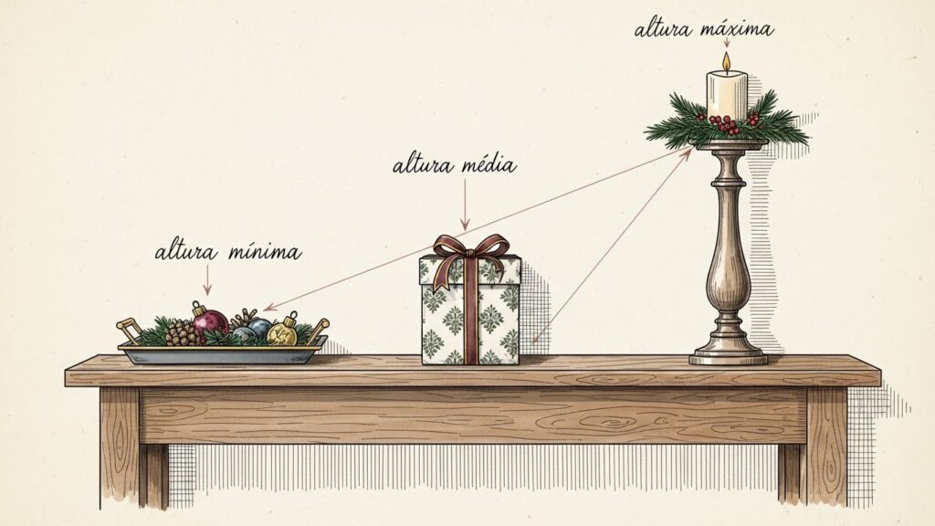 Decoração de Natal para sala de estar com mesa de madeira, presentes e vela decorativa.