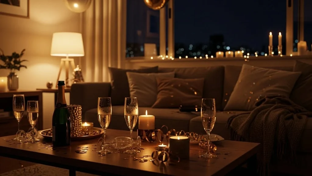 Decoração de ano novo em sala de estar moderna com iluminação suave e velas