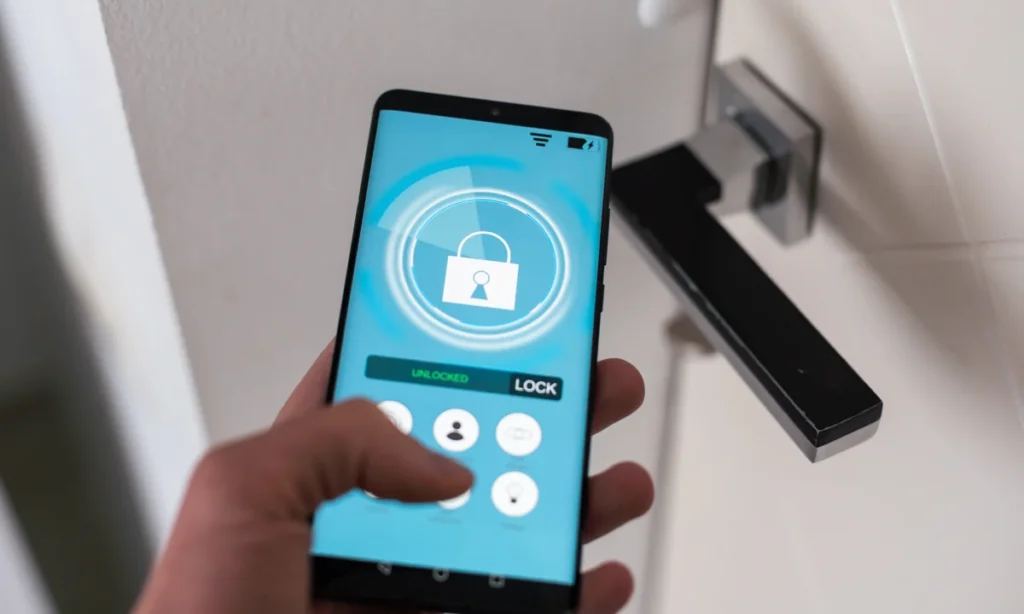 Smartphone com interface de fechadura digital em frente a uma porta, exemplificando as novas regras para check in e check out tecnológicas.