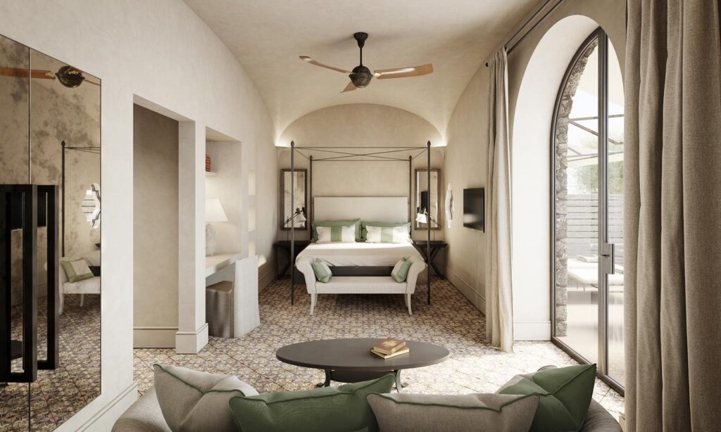 Suíte com cama de dossel e design mediterrâneo contemporâneo, opção elegante de onde ficar em amalfi.