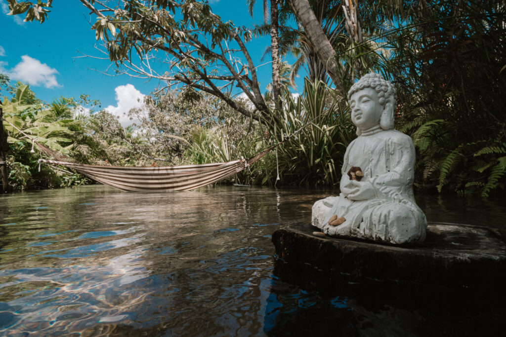 Jardim tropical com estátua de Buda e rede sobre a água, refúgio de paz em hoteis em são miguel do gostoso.