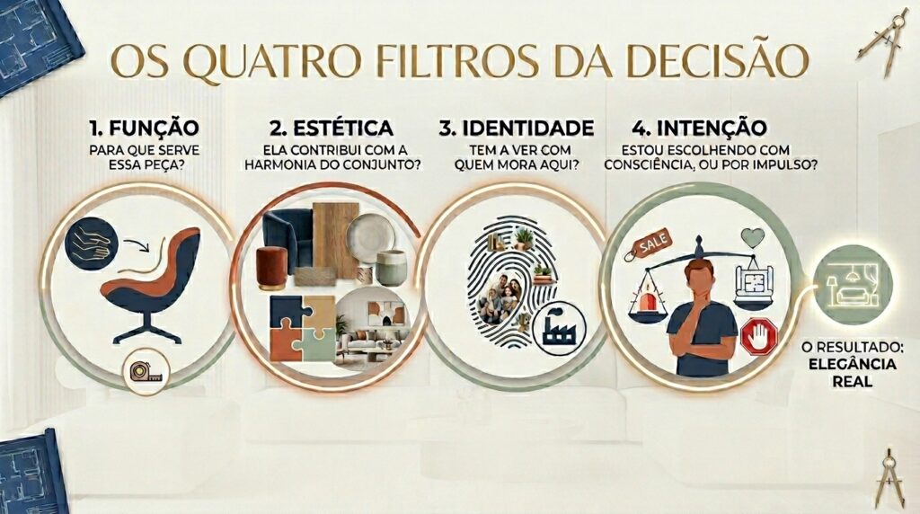 Infográfico detalhando os pilares da decoração de interiores: função, estética, identidade e intenção, para alcançar um design com elegância real e consciência.