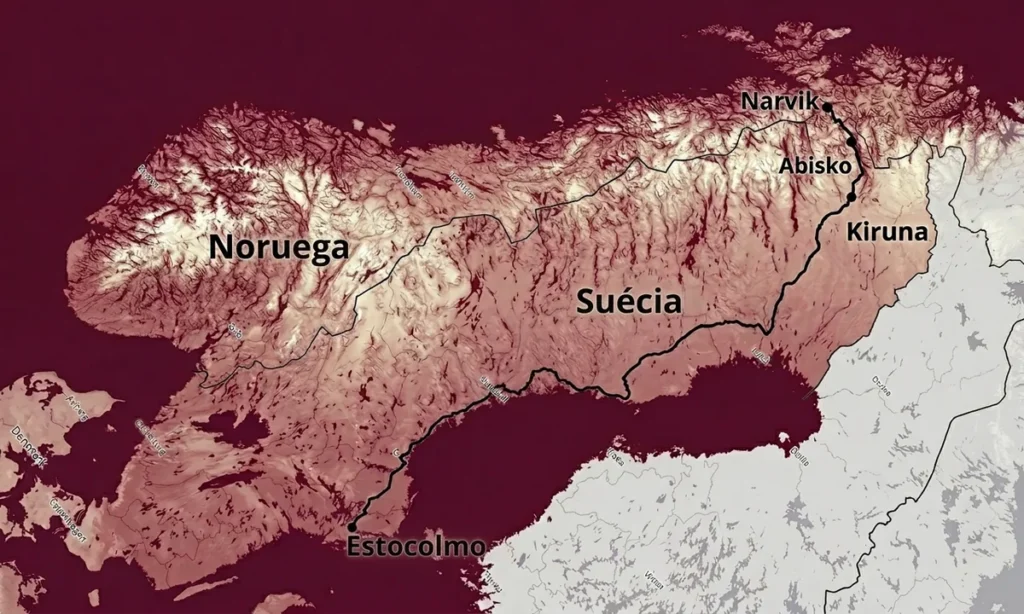 Mapa ilustrado em bordô mostrando a rota ferroviária do trem da aurora boreal de Estocolmo a Narvik passando por Kiruna e Abisko na Escandinávia
