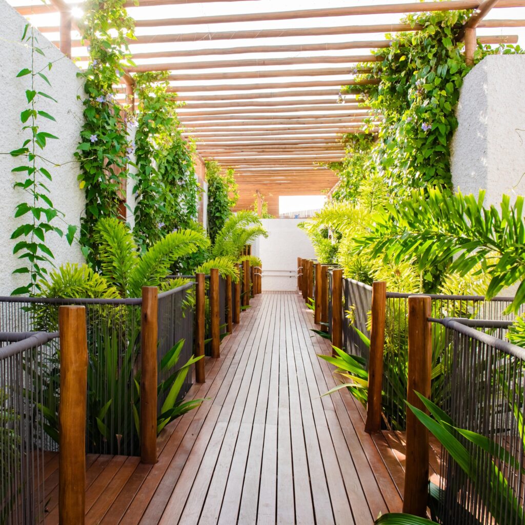 Passarela cercada por jardim tropical em hotel boutique, uma joia entre os hoteis em são miguel do gostoso.