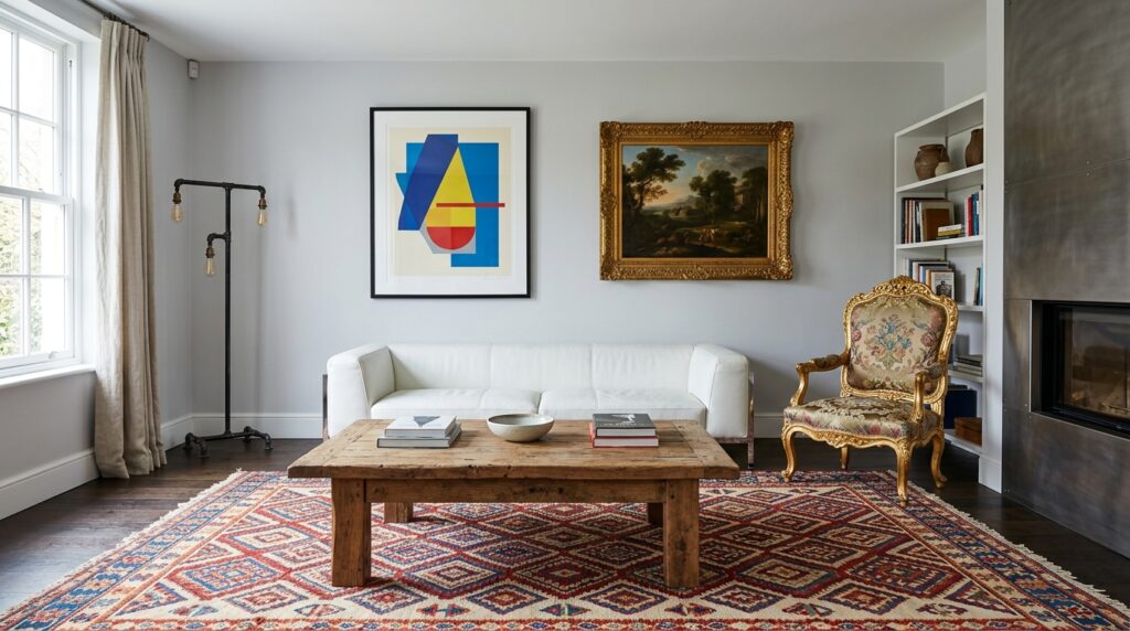 Sala de estar com decoração sem coerência visual, misturando sofá moderno, poltrona clássica, arte abstrata e clássica em um ambiente esteticamente desconexo.