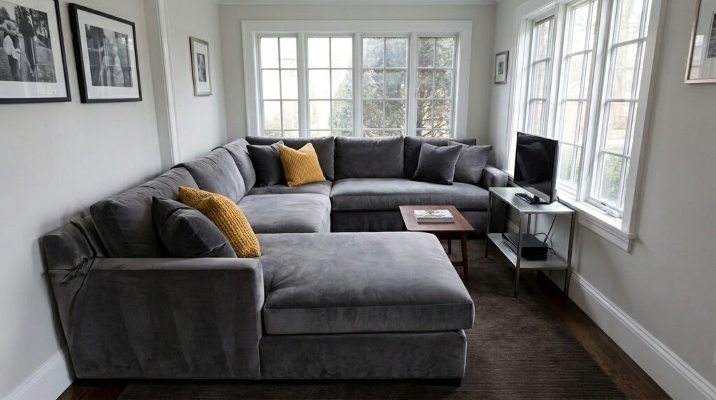 Sala pequena com sofá de veludo cinza excessivamente grande, evidenciando um erro de escala móveis sala que compromete a circulação e o equilíbrio do design.