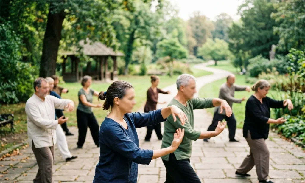 Grupo praticando Tai Chi em jardim arborizado, focando em saúde e longevidade durante uma viagem de bem estar.