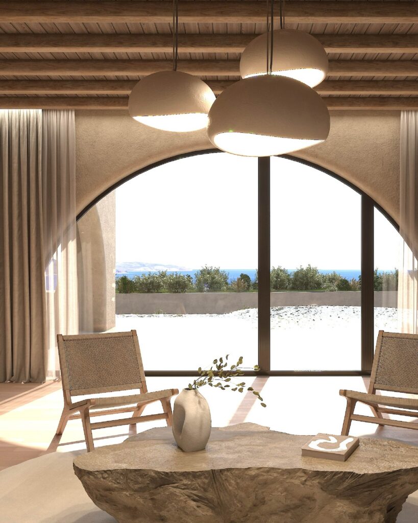 Sala com vista para o mar e design mediterrâneo no Tella Thera, referência entre melhores hoteis da ilha de creta.