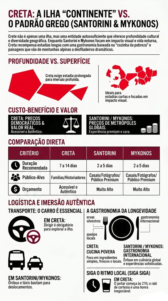 Infográfico comparativo entre a Ilha de Creta, Santorini e Mykonos, destacando cultura, gastronomia local e logística de viagem para a ilha de creta.