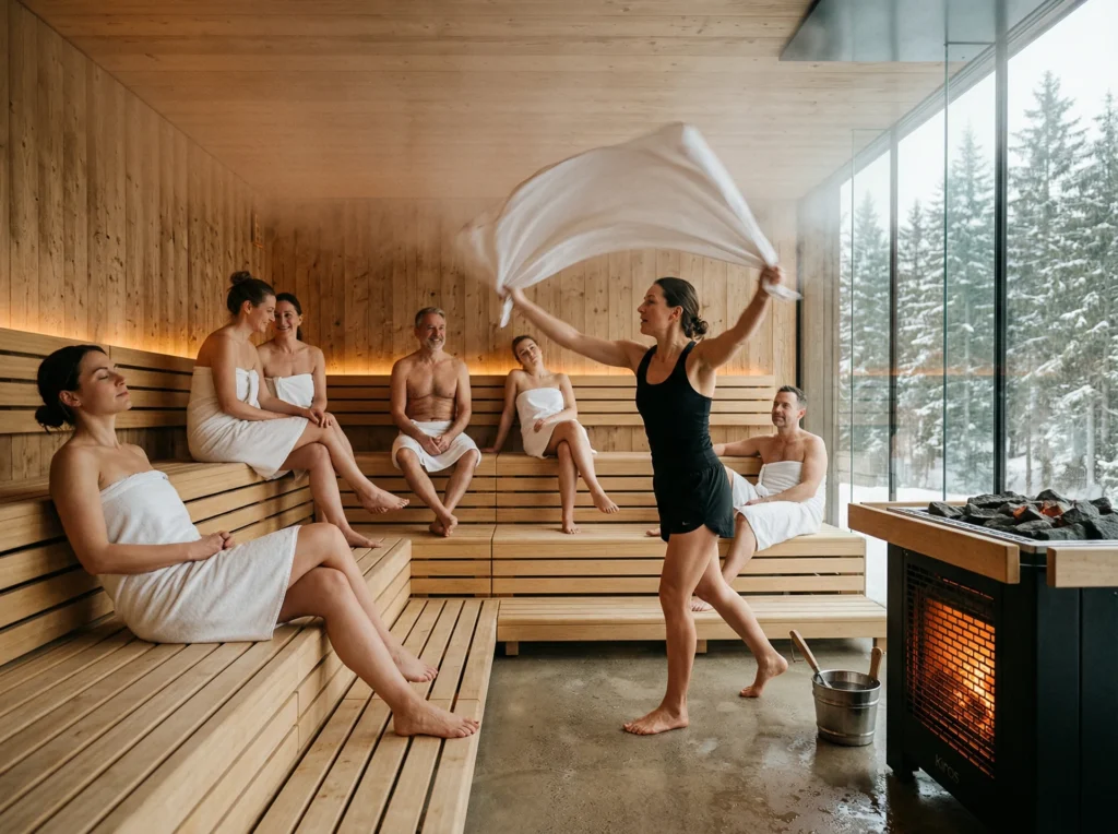 Ritual de Aufguss em sauna panorâmica com vista para floresta, experiência exclusiva em viagem de bem estar na neve.