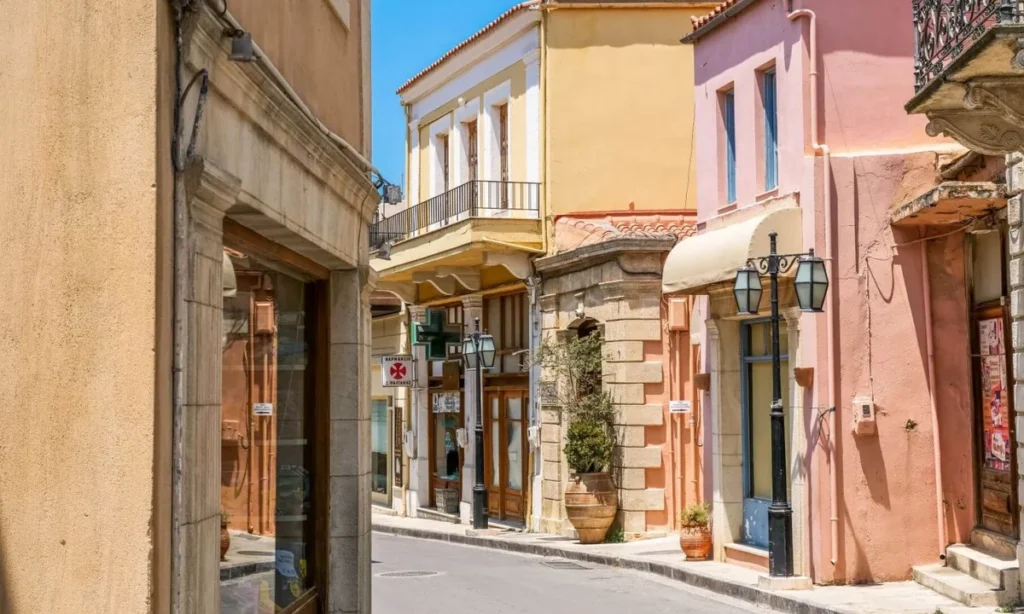 Rua histórica no Vilarejo de Archanes na Ilha de Creta, exibindo arquitetura tradicional em tons terrosos e detalhes em ferro forjado.