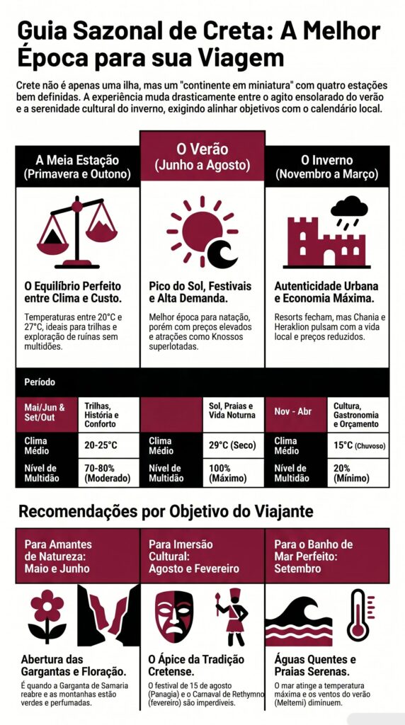 Infográfico guia sazonal da Ilha de Creta, comparando clima e lotação entre primavera, verão, outono e inverno.