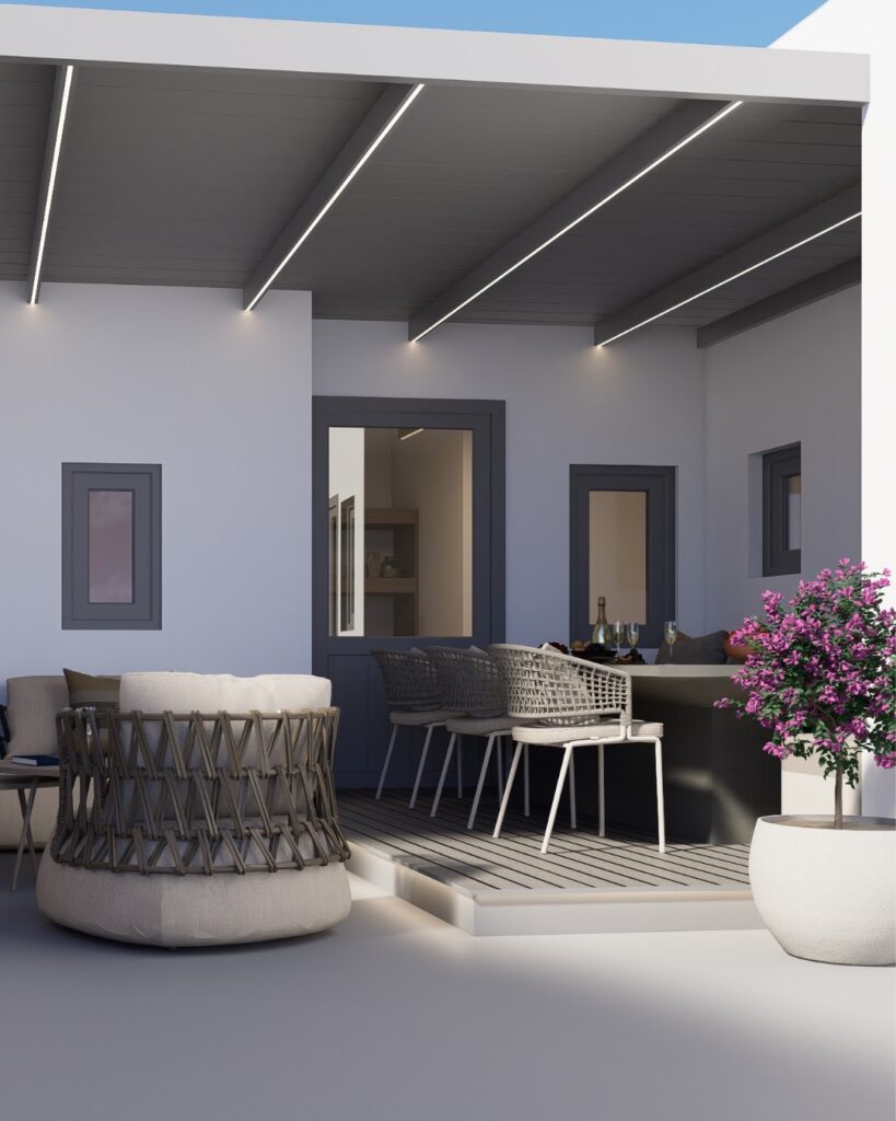 Lounge externo com iluminação moderna e móveis de design em hoteis boutique em santorini.