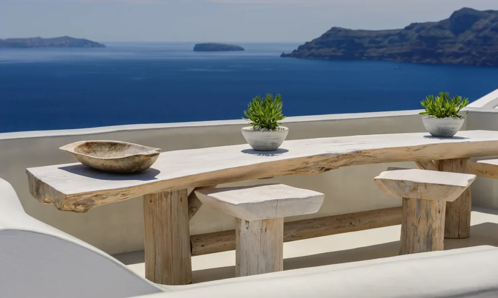 Pátio de luxo com mobiliário orgânico em Oia, capturando a exclusividade na melhor época para visitar Santorini.