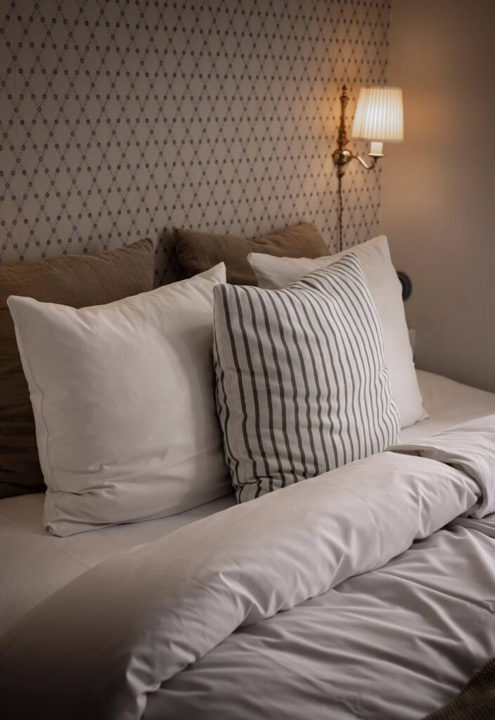 Cama de casal com arandela clássica e cabeceira geométrica no Arnfeldt Hotel, ideal para uma lua de mel na europa com charme nórdico.