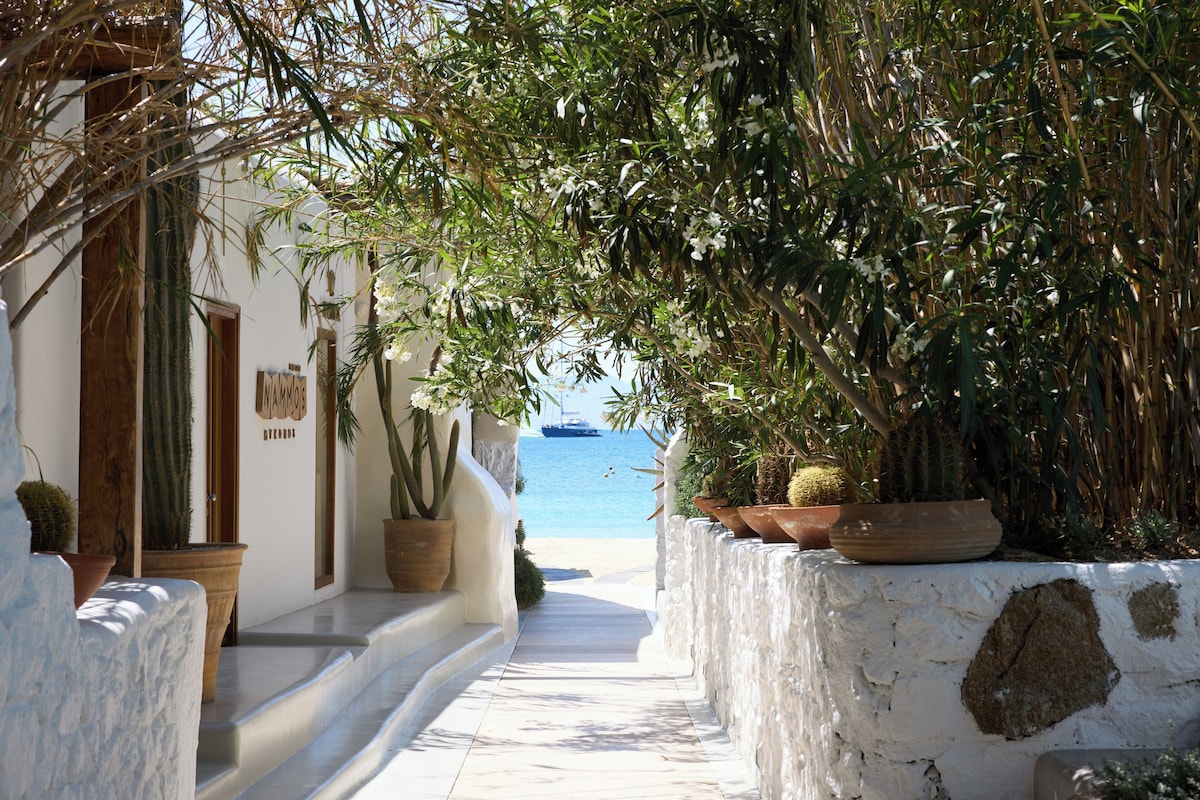 Caminho interno com cactos e arquitetura cicládica que leva à praia de Psarou no Nammos Hotel, resort em Mykonos.