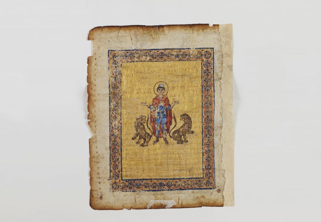 Palimpsesto de Arquimedes: página antiga com ilustração religiosa de Daniel e leões, bordas decoradas, estilo medieval, Museu Blois